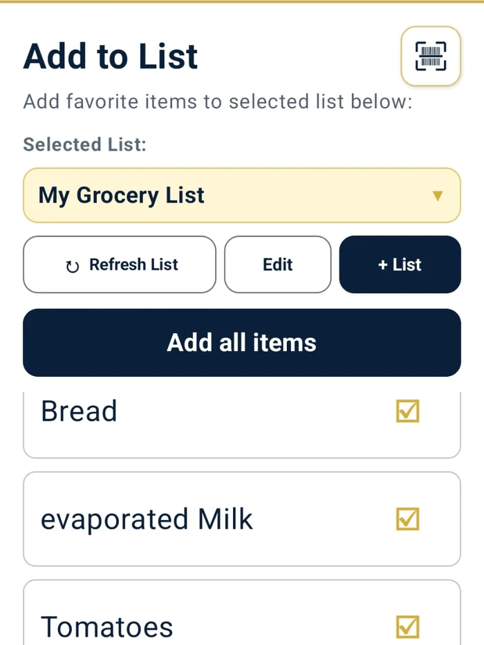 WizTick add grocery items screen