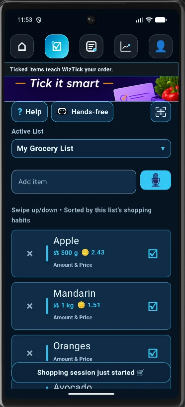 WizTick grocery list screen showing ticked items and shopping session start